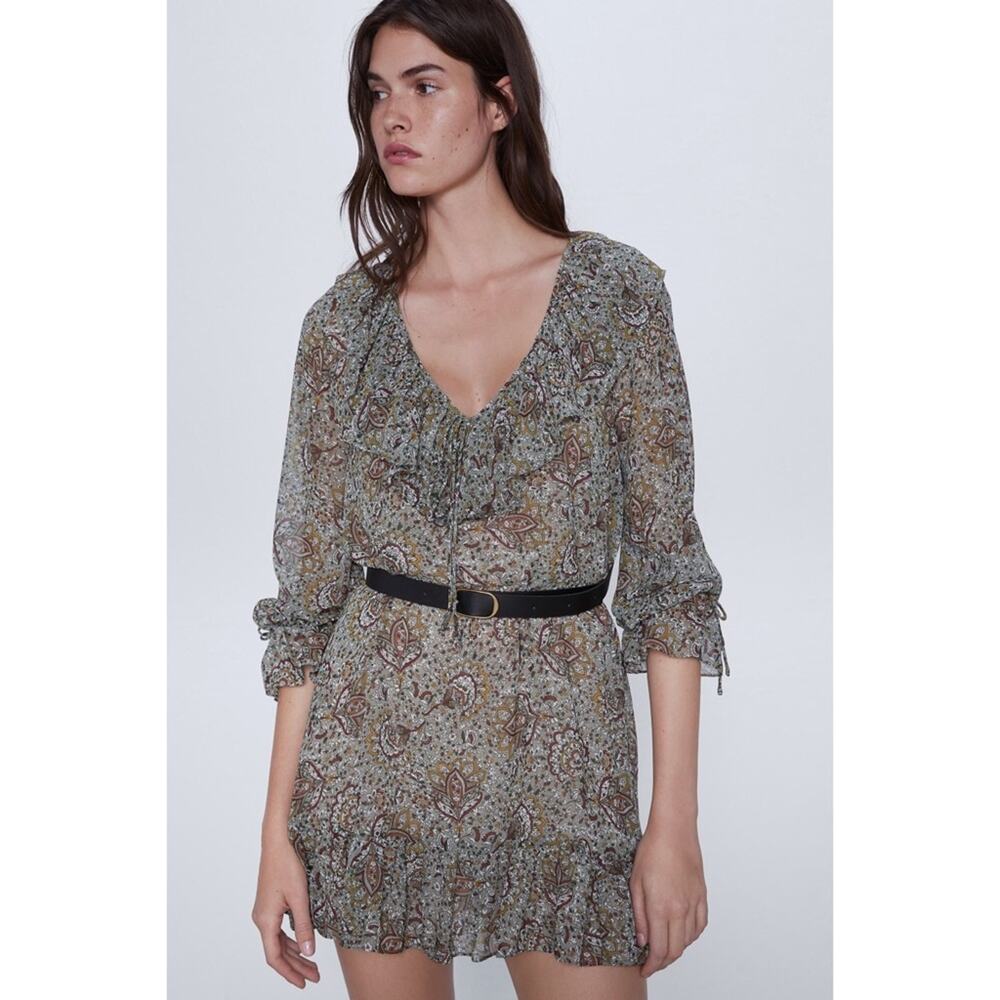 NWOT Zara Khaki Printed Belted Ruffle Trim Dress.
